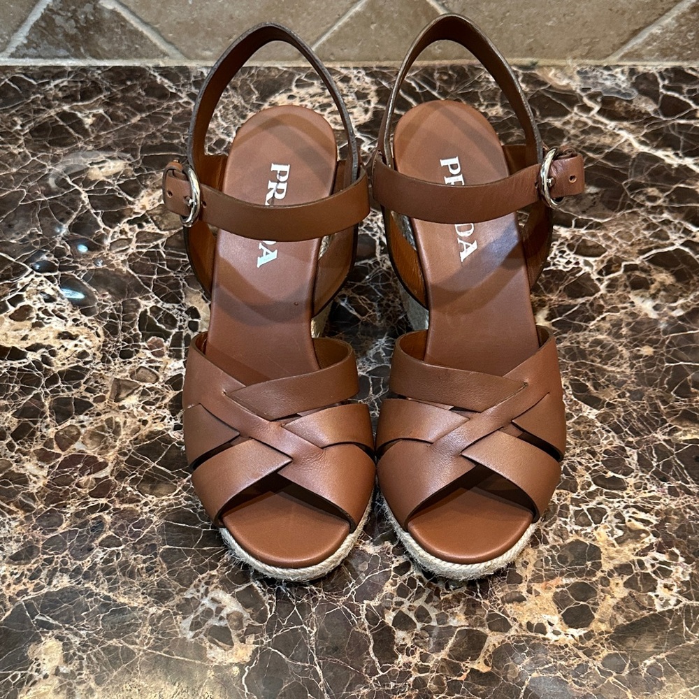 Prada Brown Leather Crisscross Espadrille Wedges with Ankle Strap. Size 8